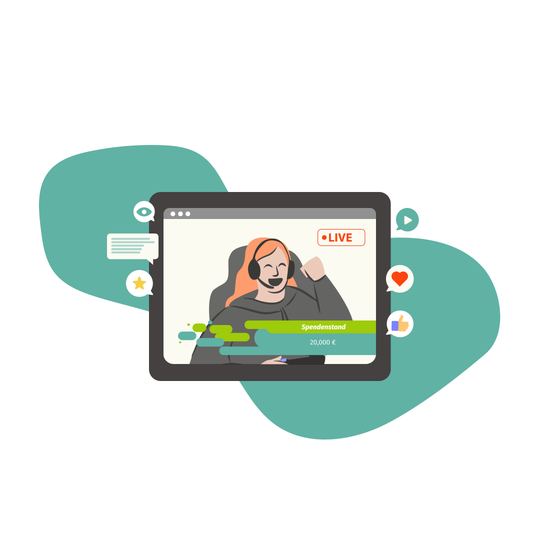Webdesign-Symbol: Ein stilisiertes Bild, das eine Person zeigt, die vor einem Laptop sitzt, ein Videospiel spielt und damit einen Livestream laufen lässt.